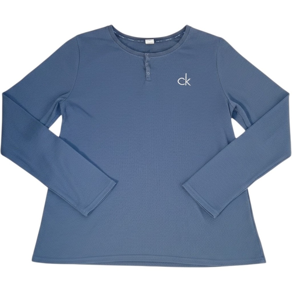 Calvin Klein Sleepwear Womens XL Blue Ribbed Henley Long Sleeve Pajama Top Logo